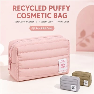 Wattierte Puffer-Make-up-Tasche aus recyceltem Nylon mit individuellem Logo